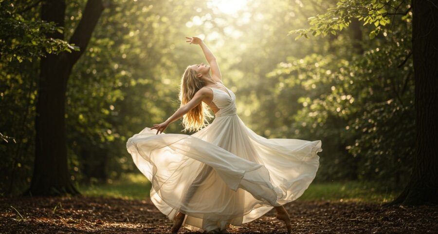 a beautiful woman with long blonde slightly wavy hair in a flowing white dress twirling around appearing as though she is raising her vibration