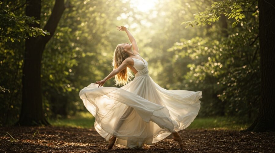 a beautiful woman with long blonde slightly wavy hair in a flowing white dress twirling around appearing as though she is raising her vibration