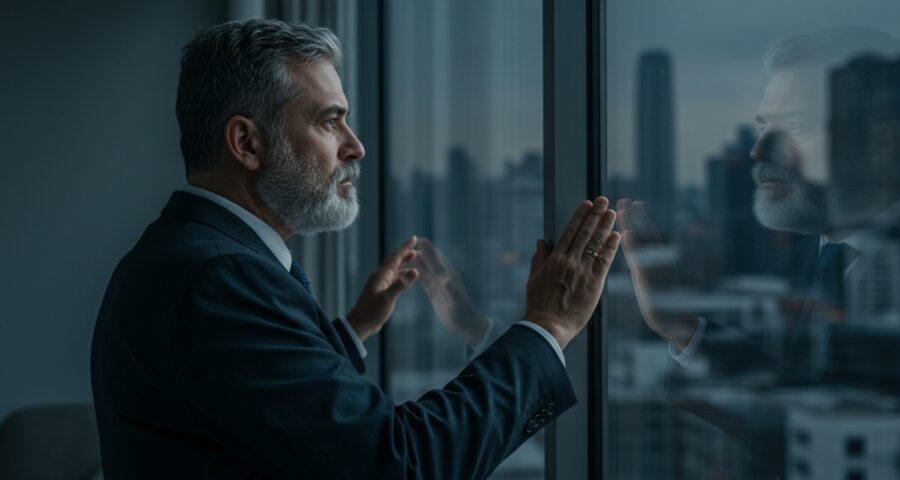 a businessman looking out the window feeling stuck