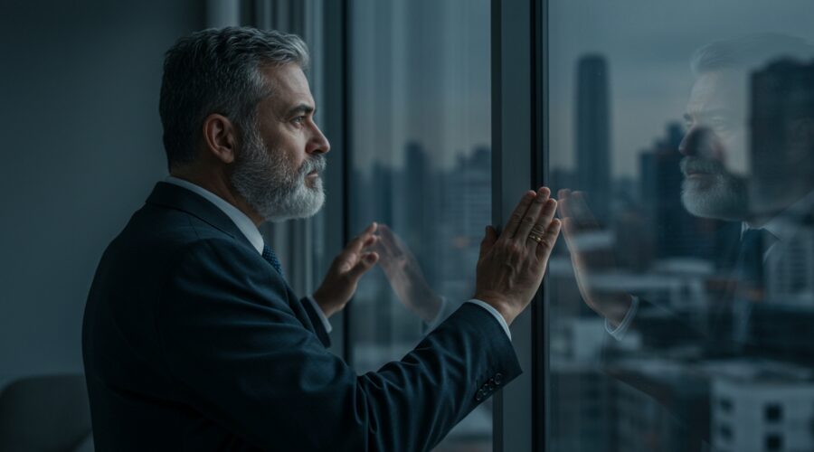 a businessman looking out the window feeling stuck