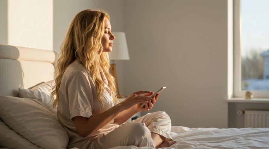 a girl doing a reading meditation on her phone in bed