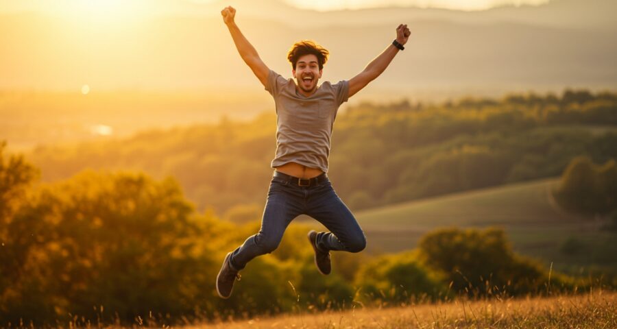 a man jumping for joy in a natural setting with a blurred landscape background