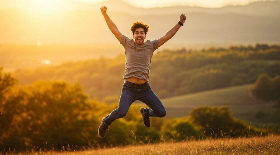 a man jumping for joy in a natural setting with a blurred landscape background