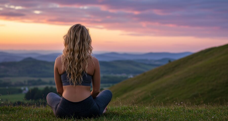 a woman in alignment on a hilltop