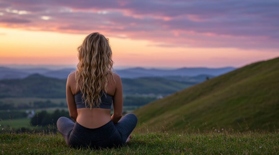 a woman in alignment on a hilltop