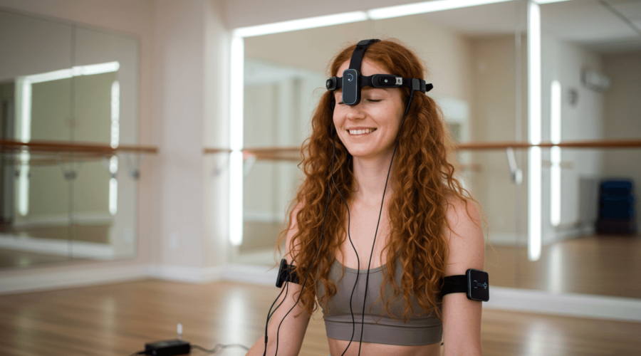 a woman wearing a portable eeg headset while meditating