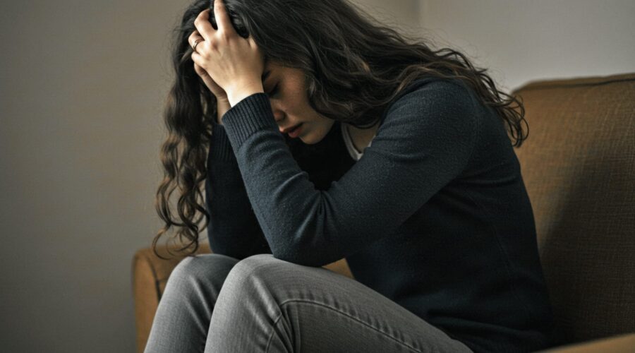 a wonan slumped in a chair feeling guilty about addiction