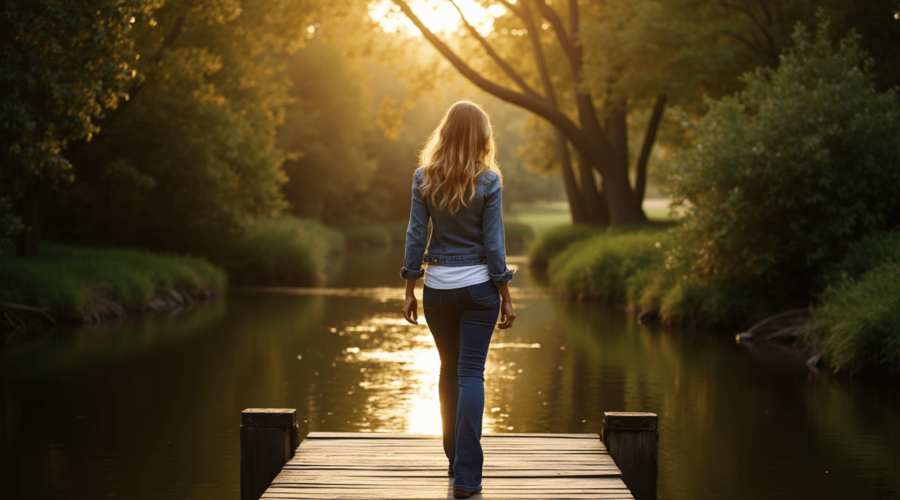 a woman wearing trendy flared jeans and a glamorous white shirt aligning her energy while procrastinating