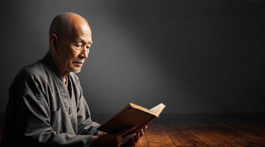 an old man doing a reading meditation , in a darkened room with a wooden floor , and soft light shining on his face.4