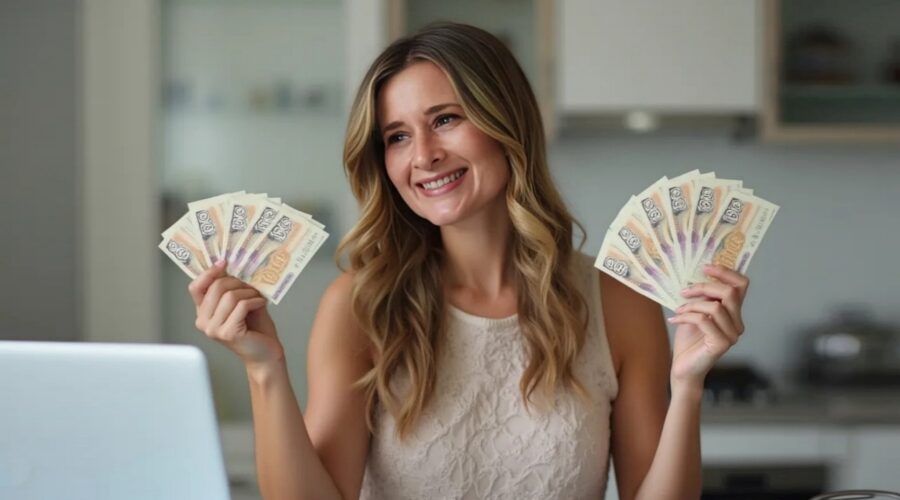 happy woman holding dollar bils in both hands and who has changed her relationship with money
