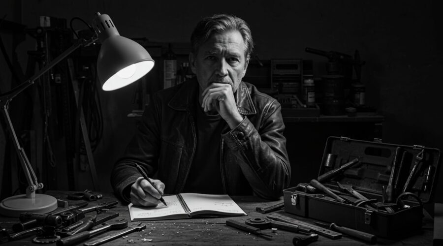 photo of a person in deep thought, possibly journaling, with a toolbox sitting closebyaa