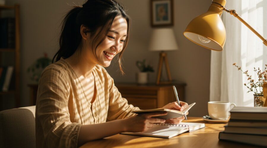 photo of a person with a happy smile while journaling, showing a combination of emotional and mental health